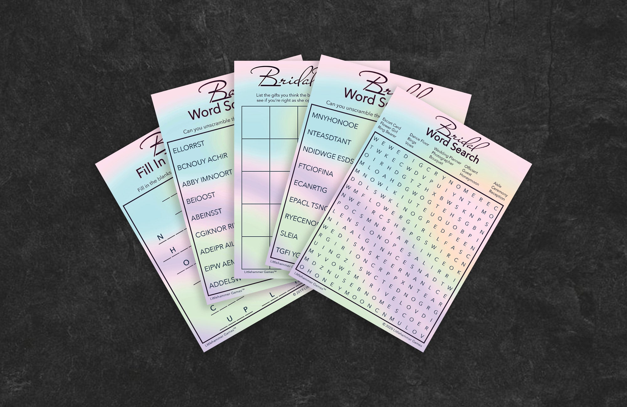 Hologram-themed game cards fanned out on a slate background