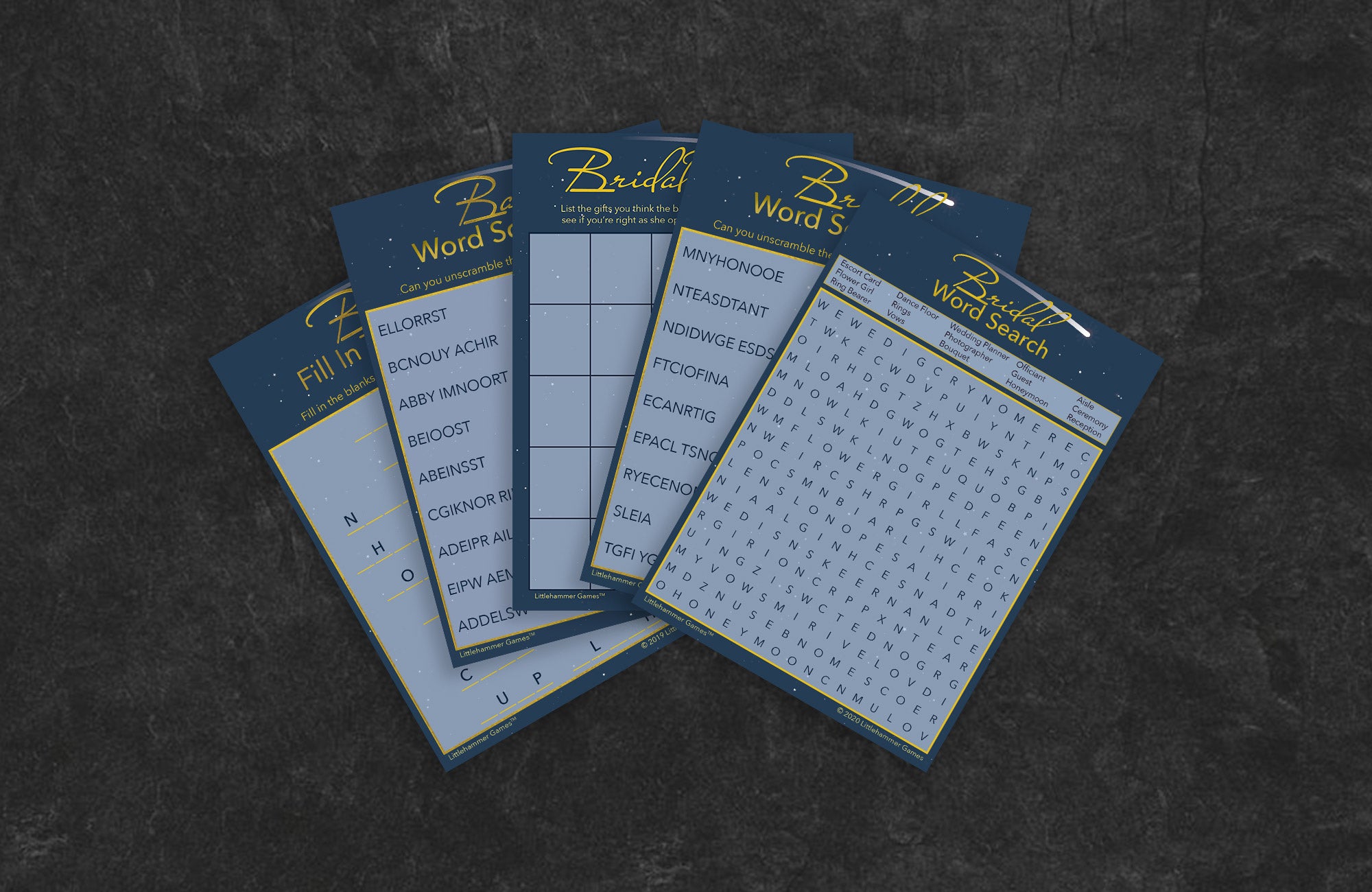 Celestial-themed game cards fanned out on a slate background