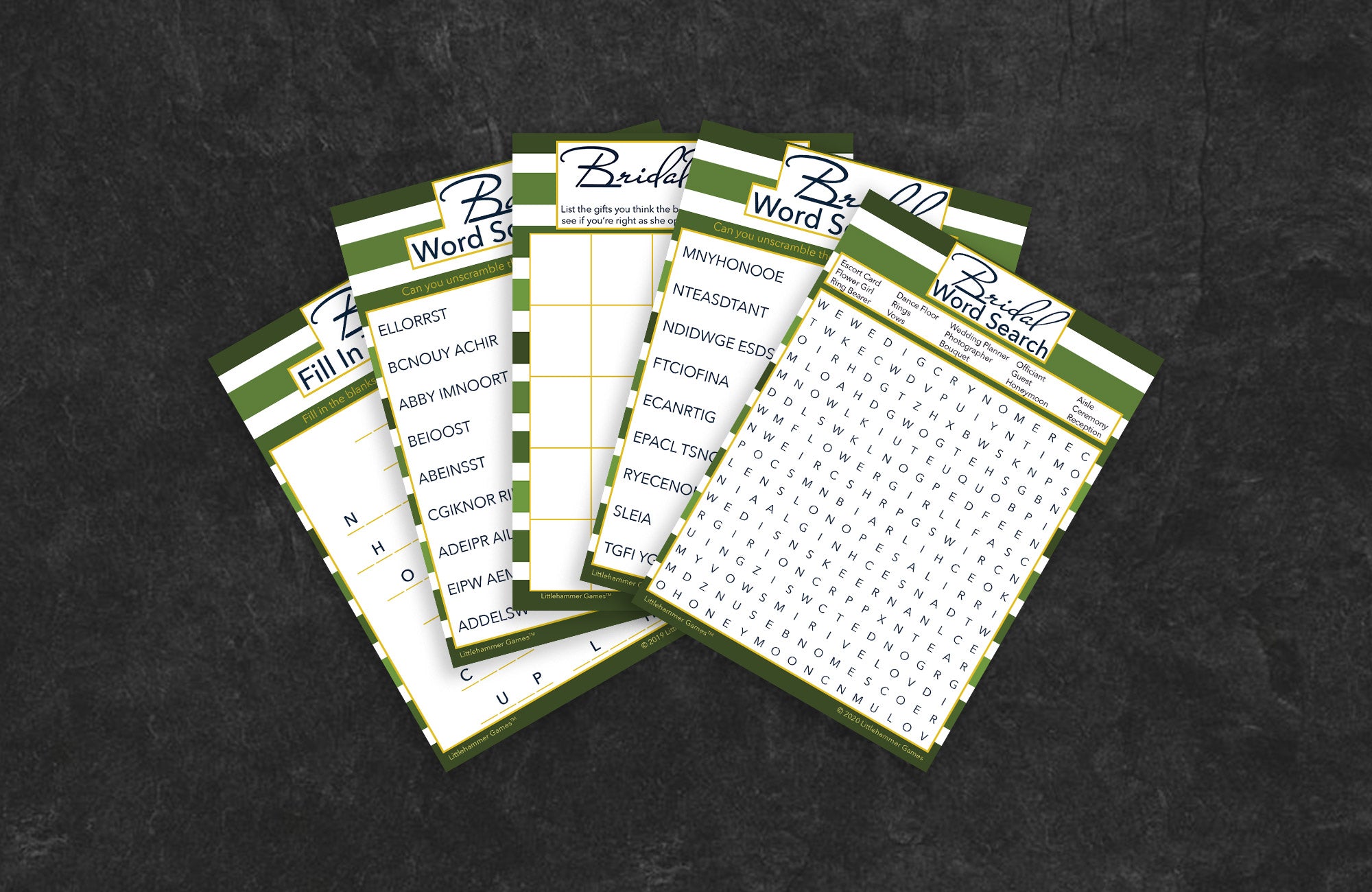 Green-striped game cards fanned out on a slate background