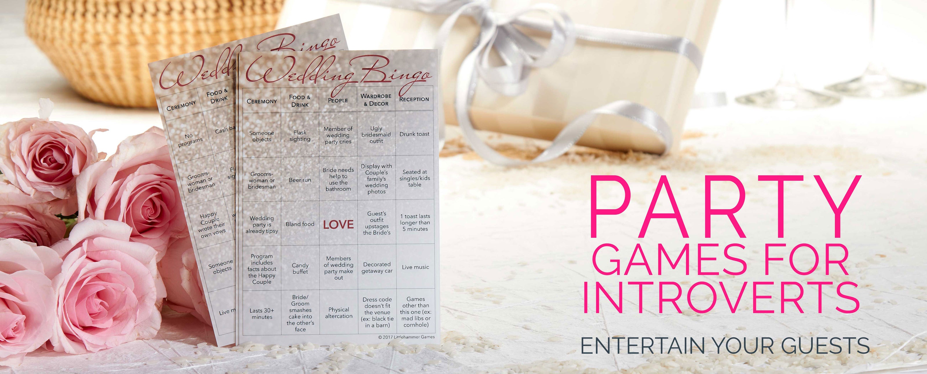 2 glittery rose gold Wedding Bingo cards standing up against pink roses with a basket, wrapped gift, and champagne glasses blurred in the background. Pink and gray text over the image that says "Party games for introverts Entertain your guests"