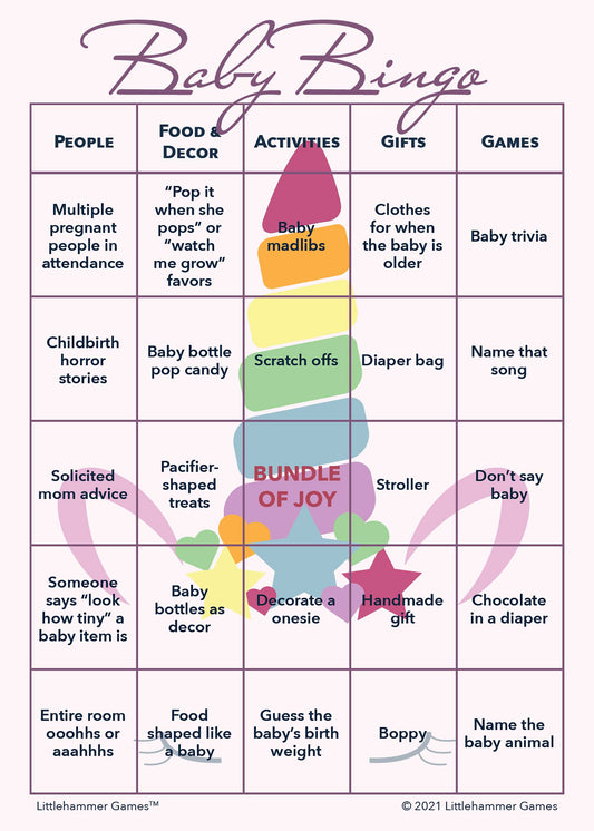 Baby Bingo game card on a unicorn background