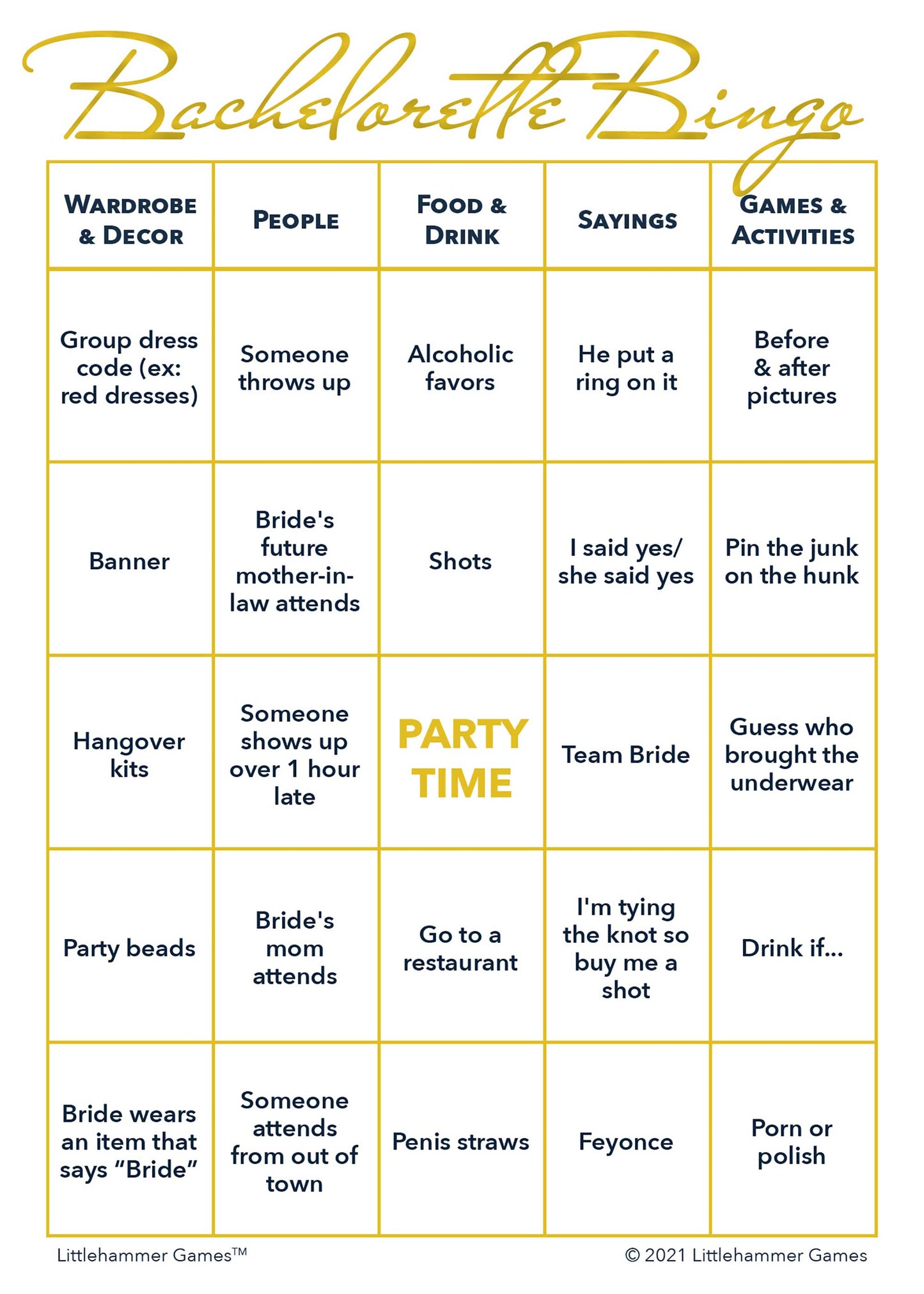 Bachelorette Bingo game card with gold text on a white background