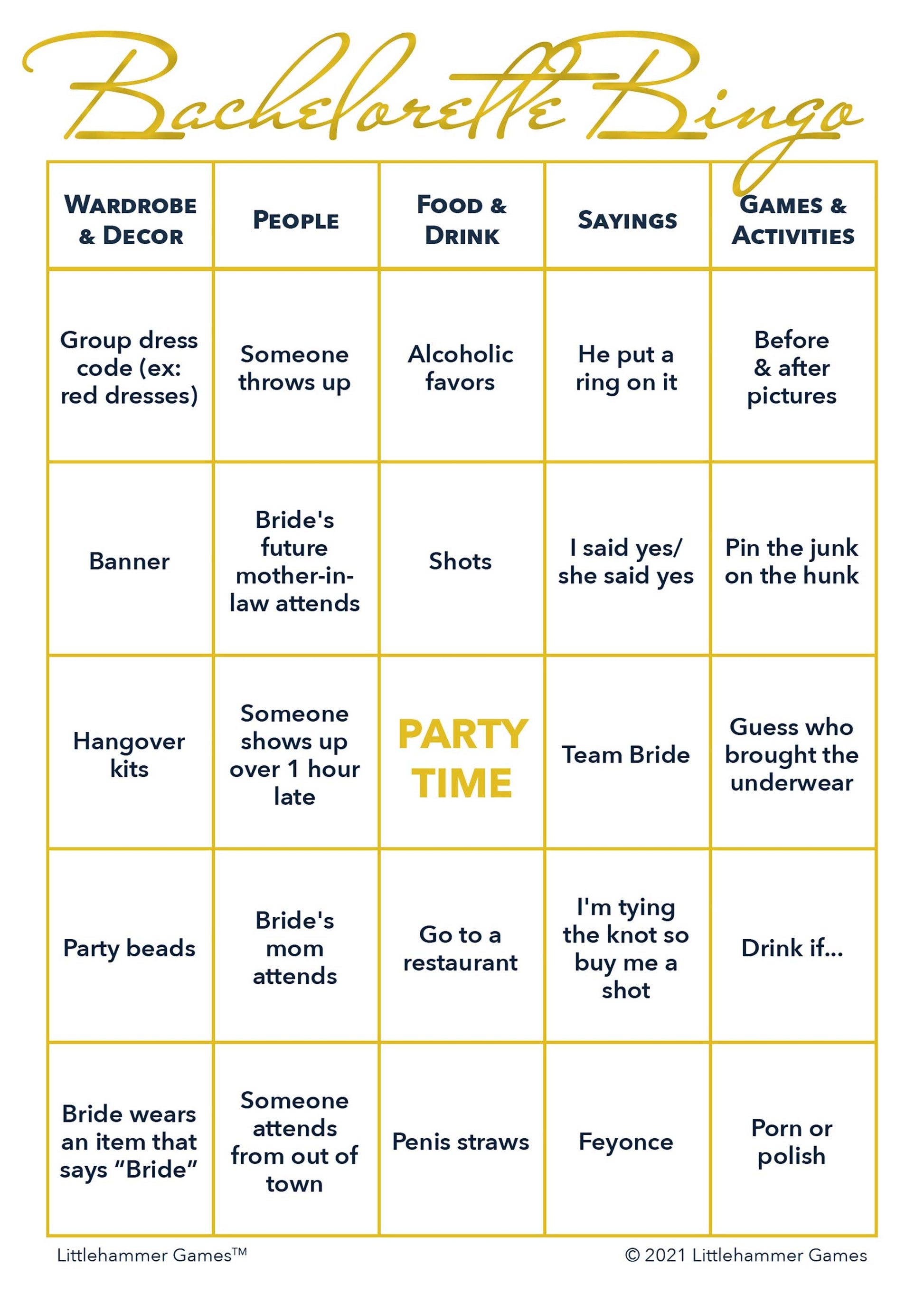 Bachelorette Bingo game card with gold text on a white background
