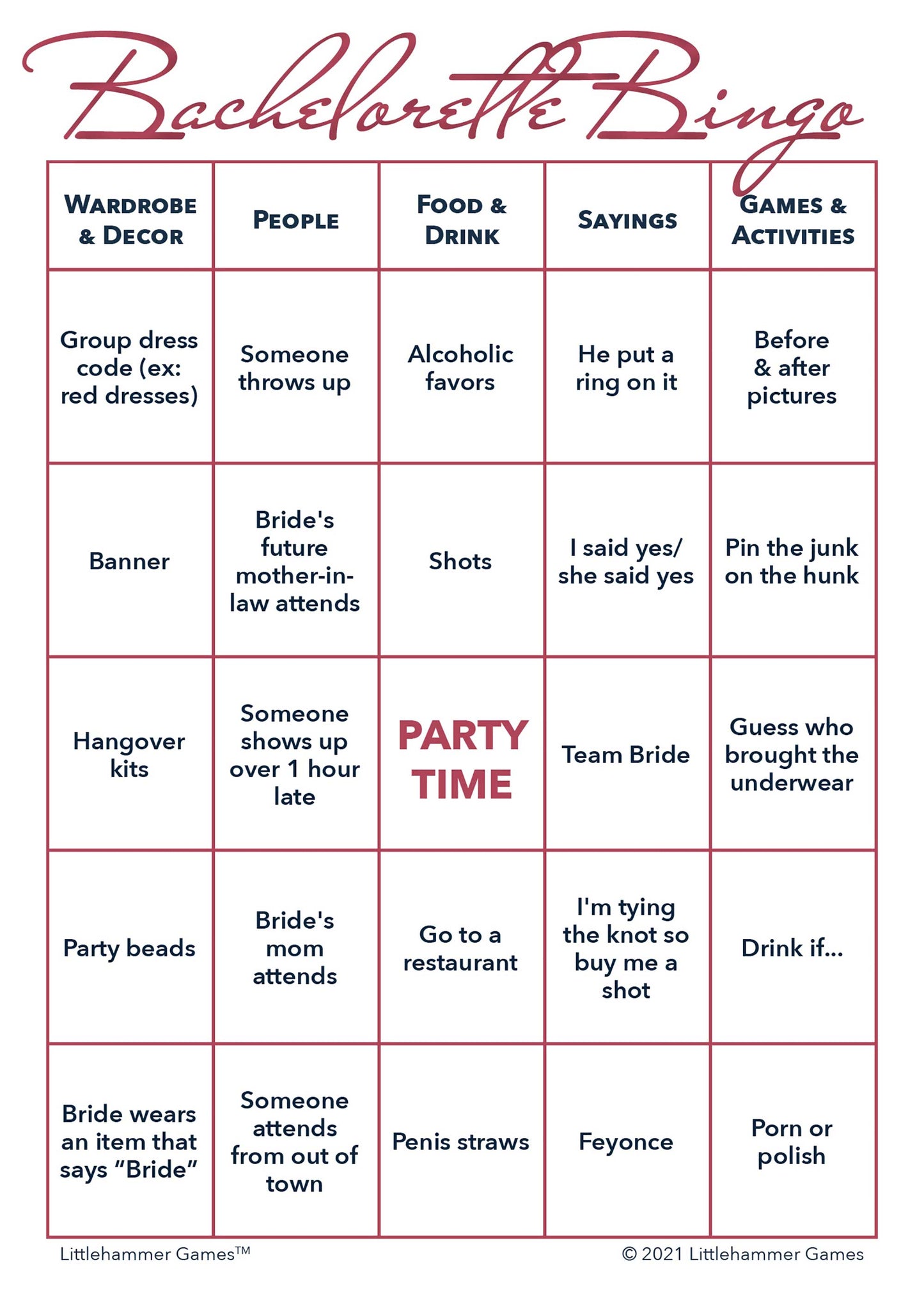 Bachelorette Bingo game card with rose gold text on a white background