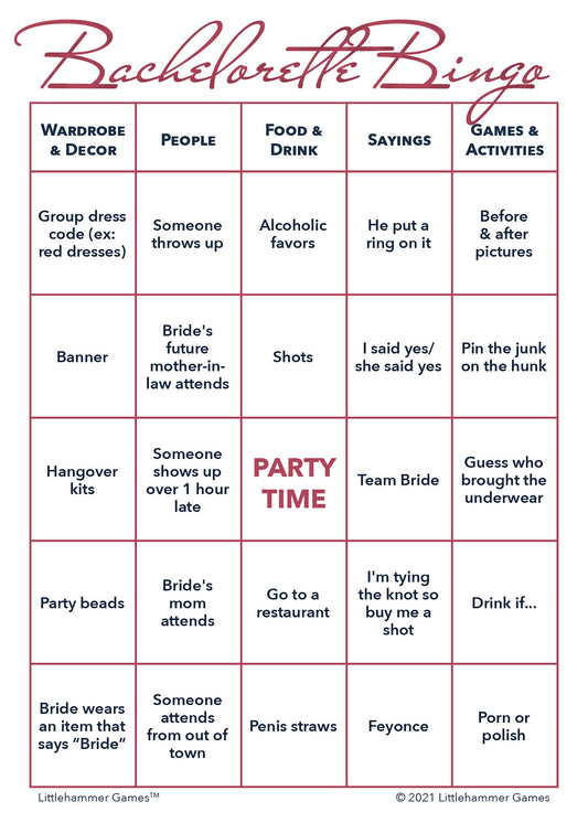 Bachelorette Bingo game card with rose gold text on a white background