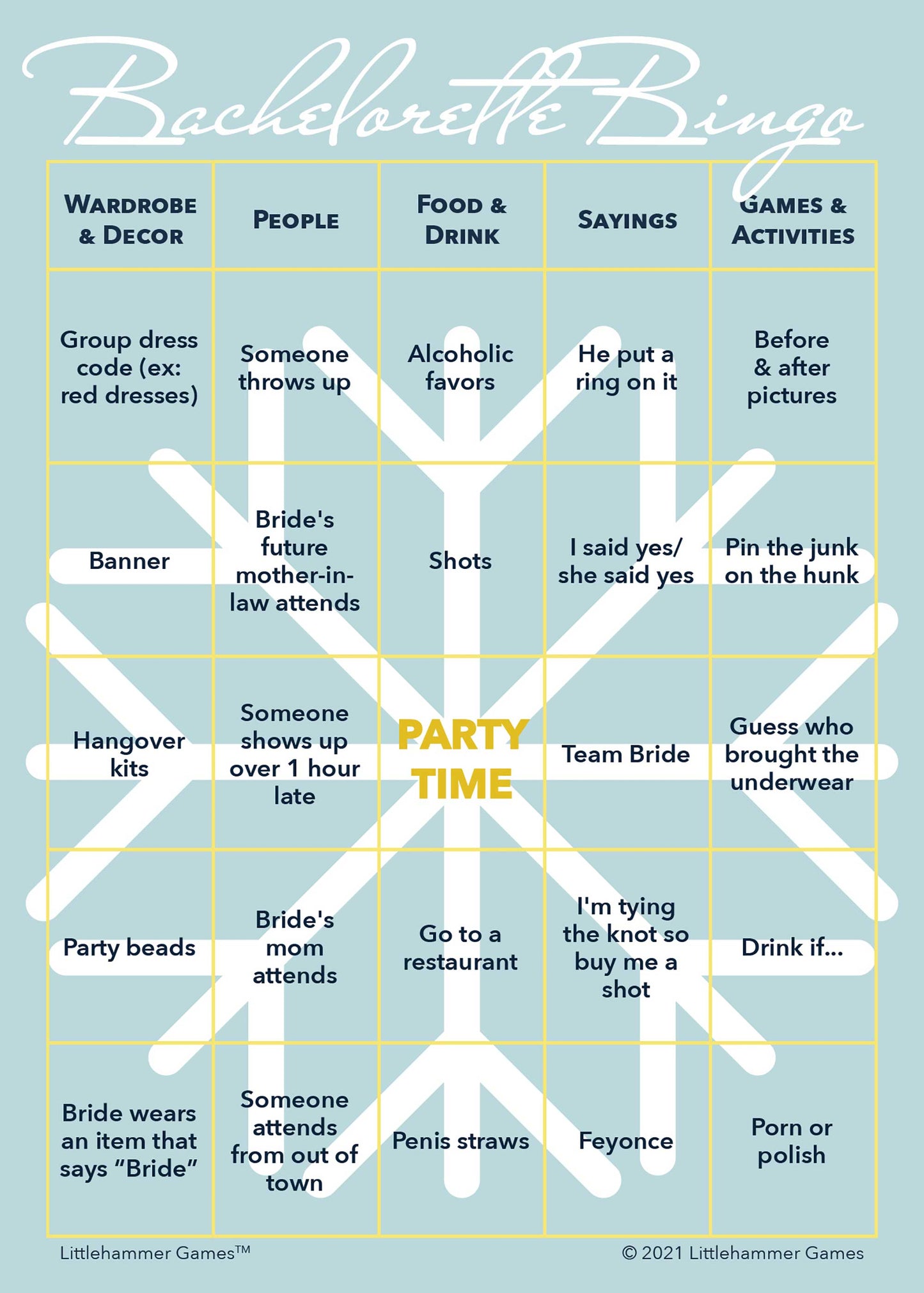 Bachelorette Bingo game card with a white snowflake on a blue background