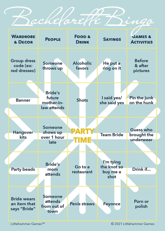 Bachelorette Bingo game card with a white snowflake on a blue background