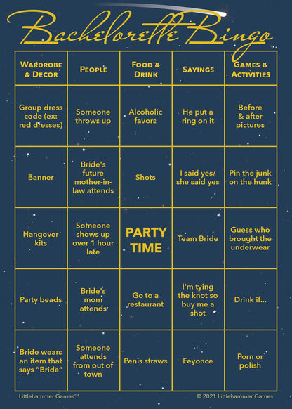 Bachelorette Bingo game card with gold text on a celestial background