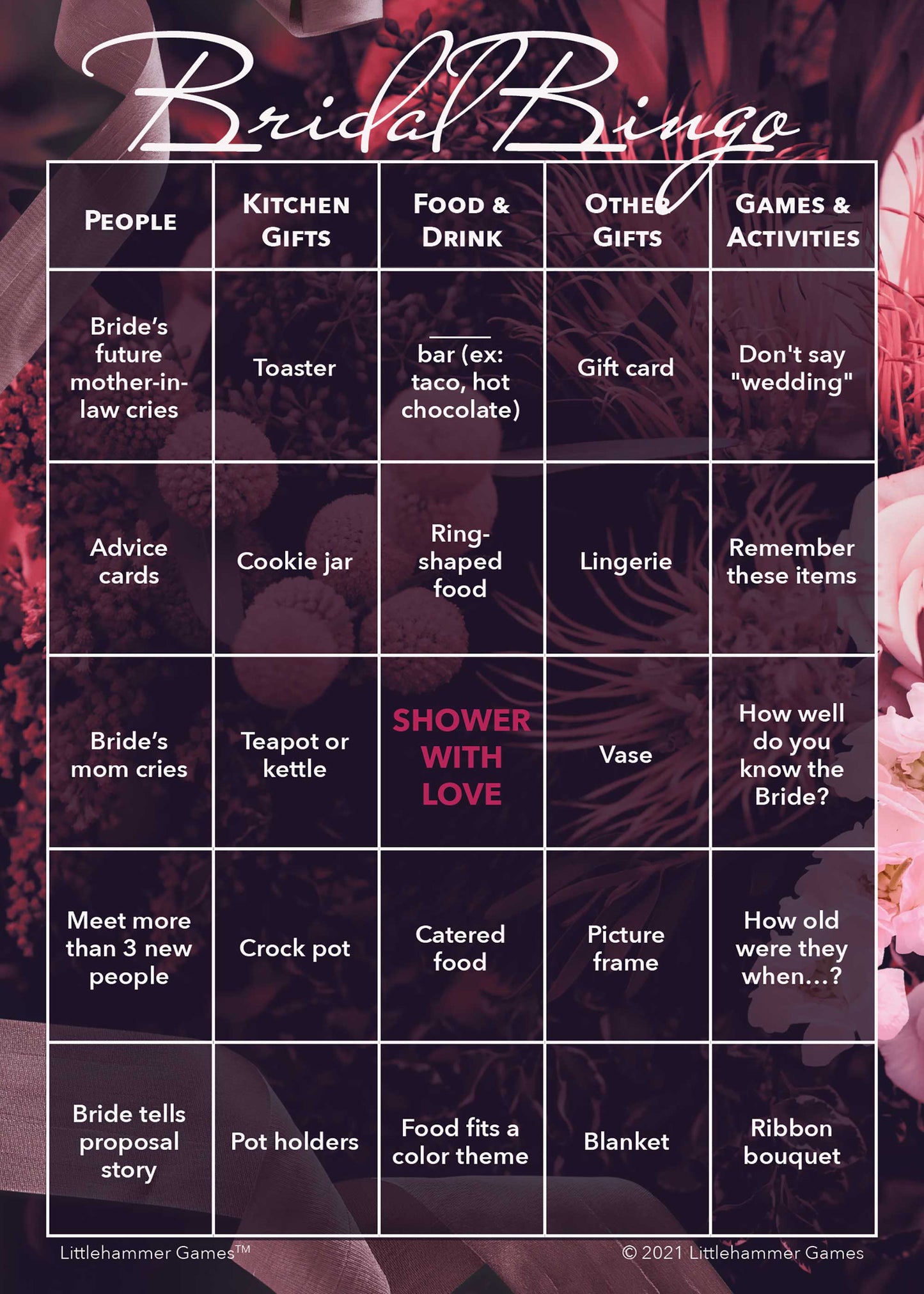 Bridal Bingo game card with a dark floral background