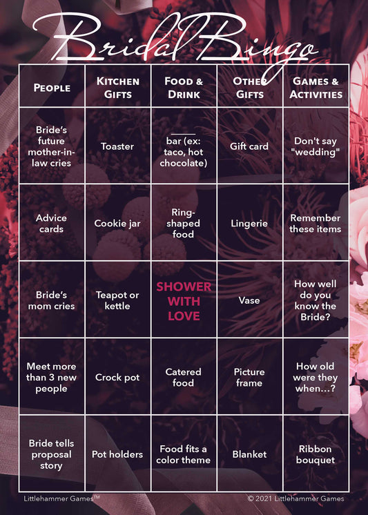 Bridal Bingo game card with a dark floral background