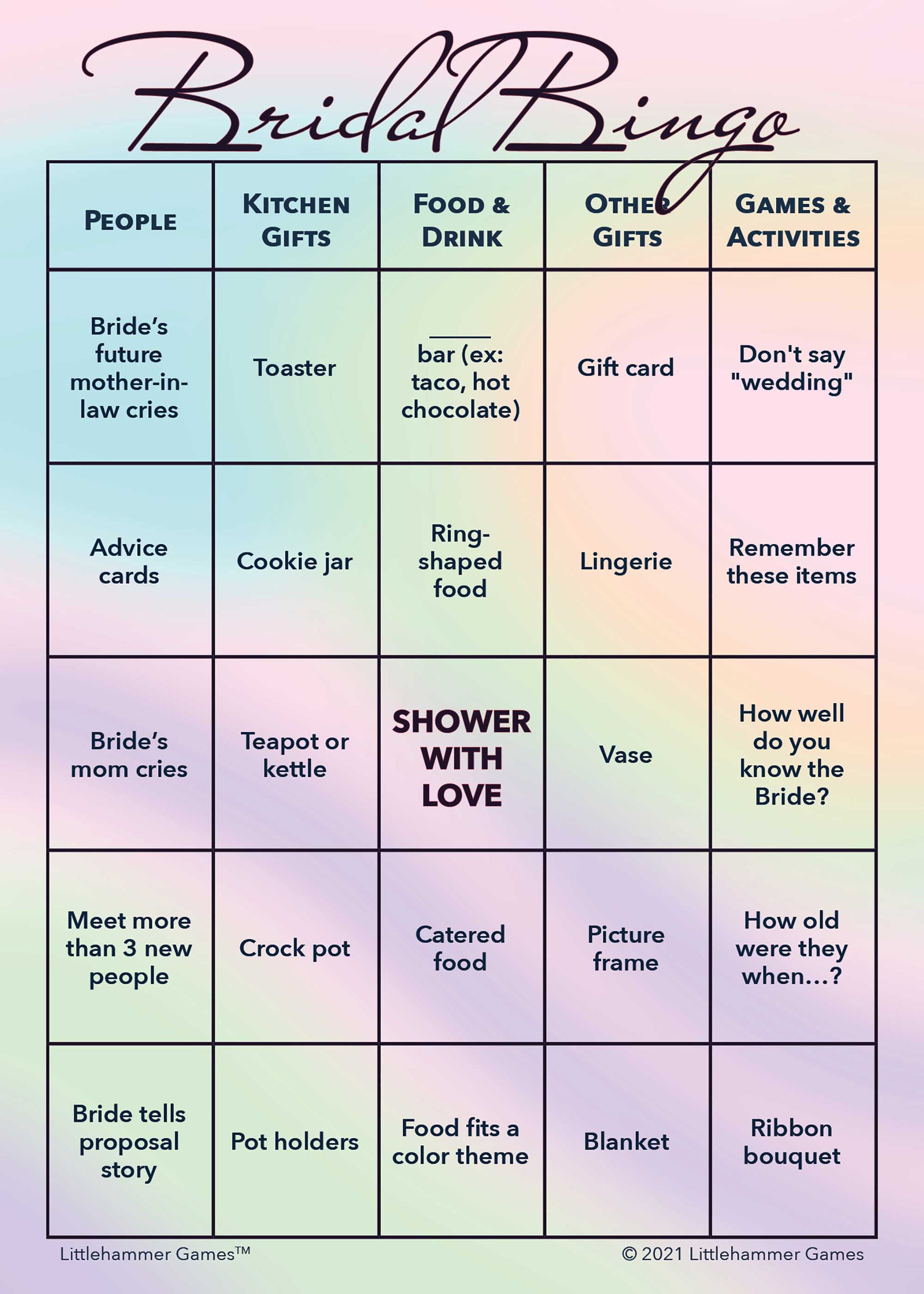 Bridal Bingo game card with an iridescent background