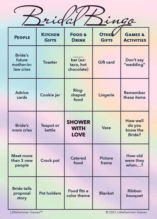 Bridal Bingo game card with an iridescent background