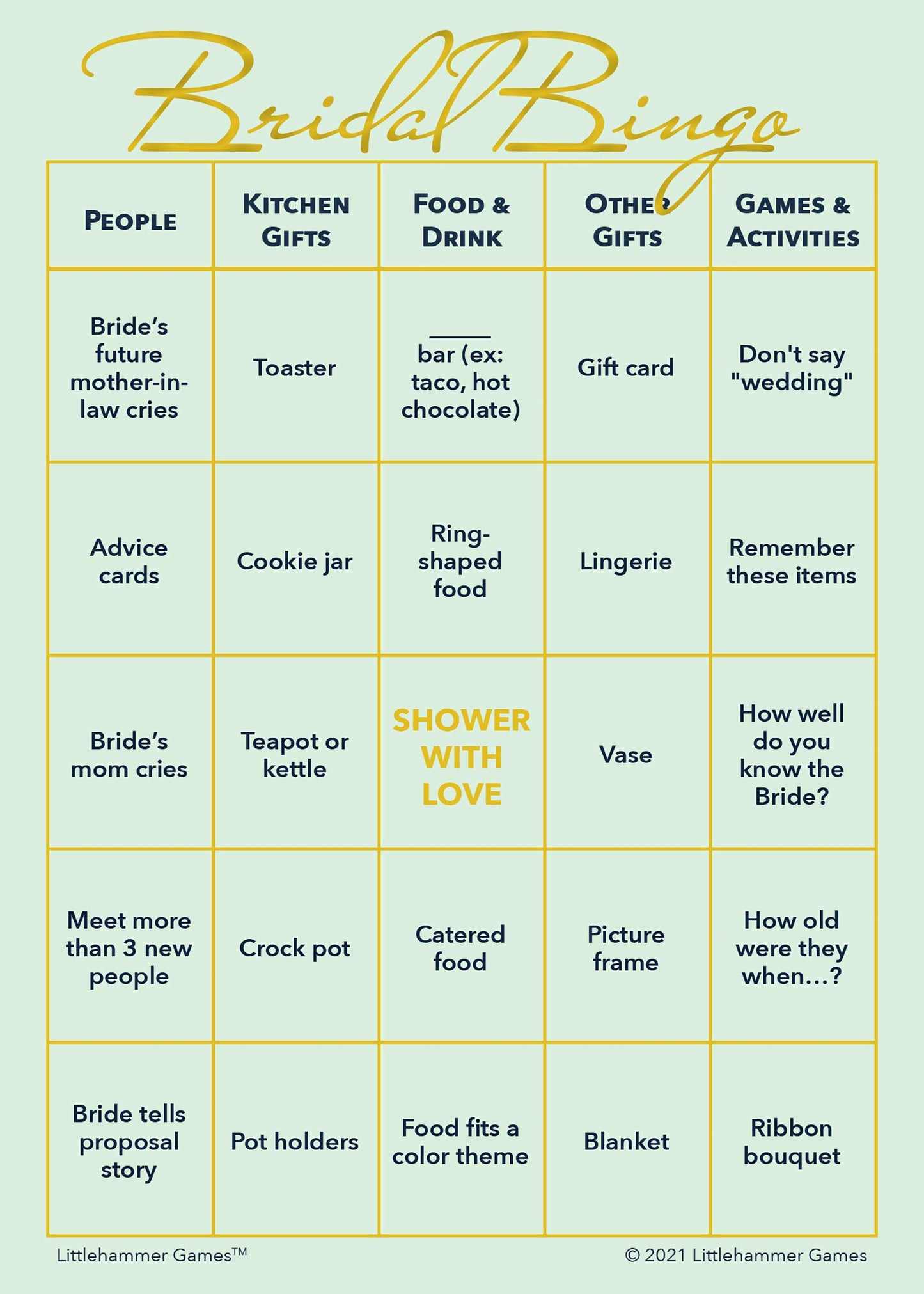 Bridal Bingo game card with gold text on a mint green background