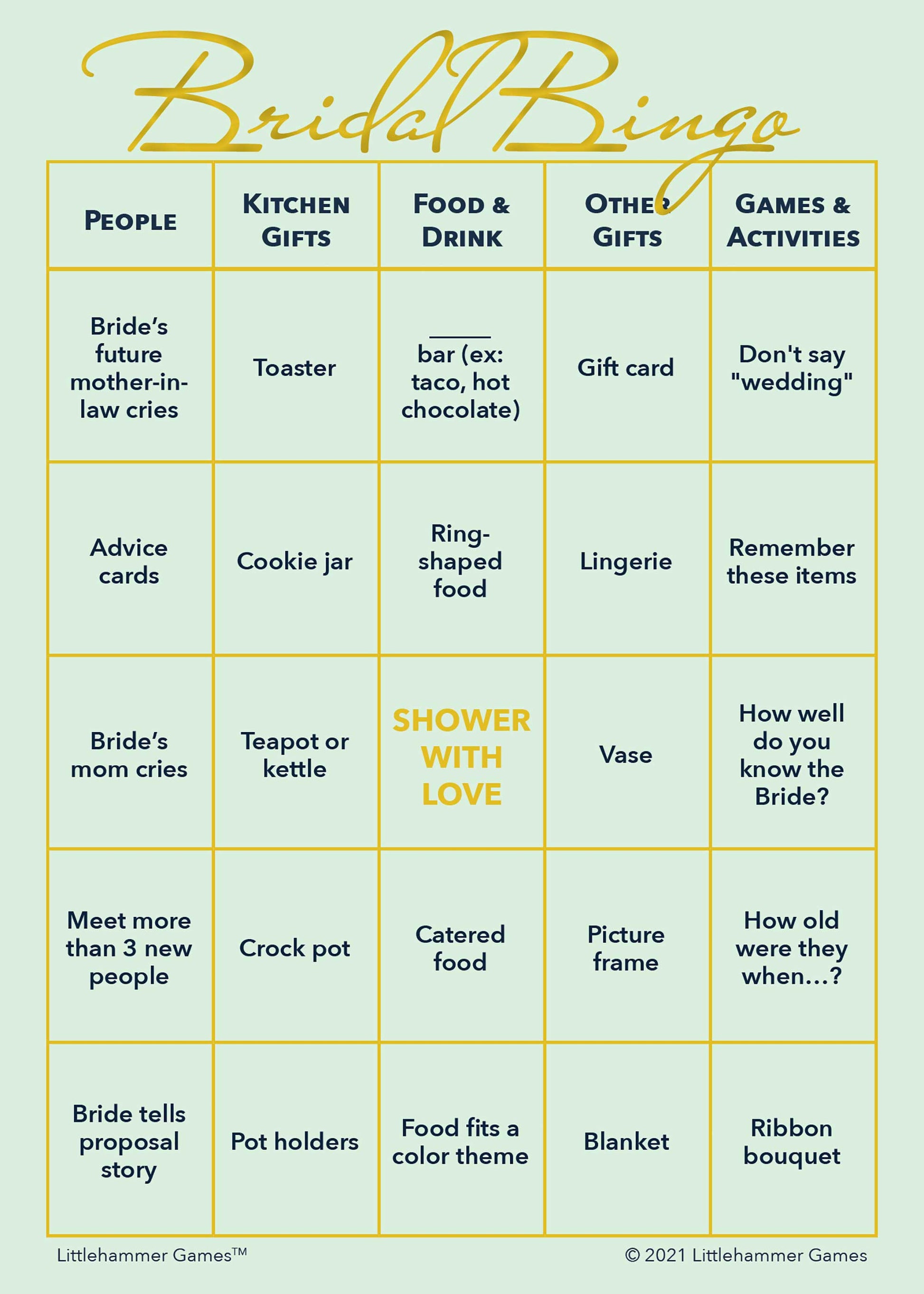 Bridal Bingo game card with gold text on a mint green background