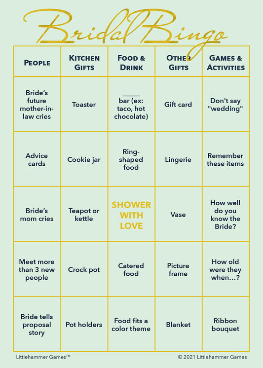 Bridal Bingo game card with gold text on a mint green background