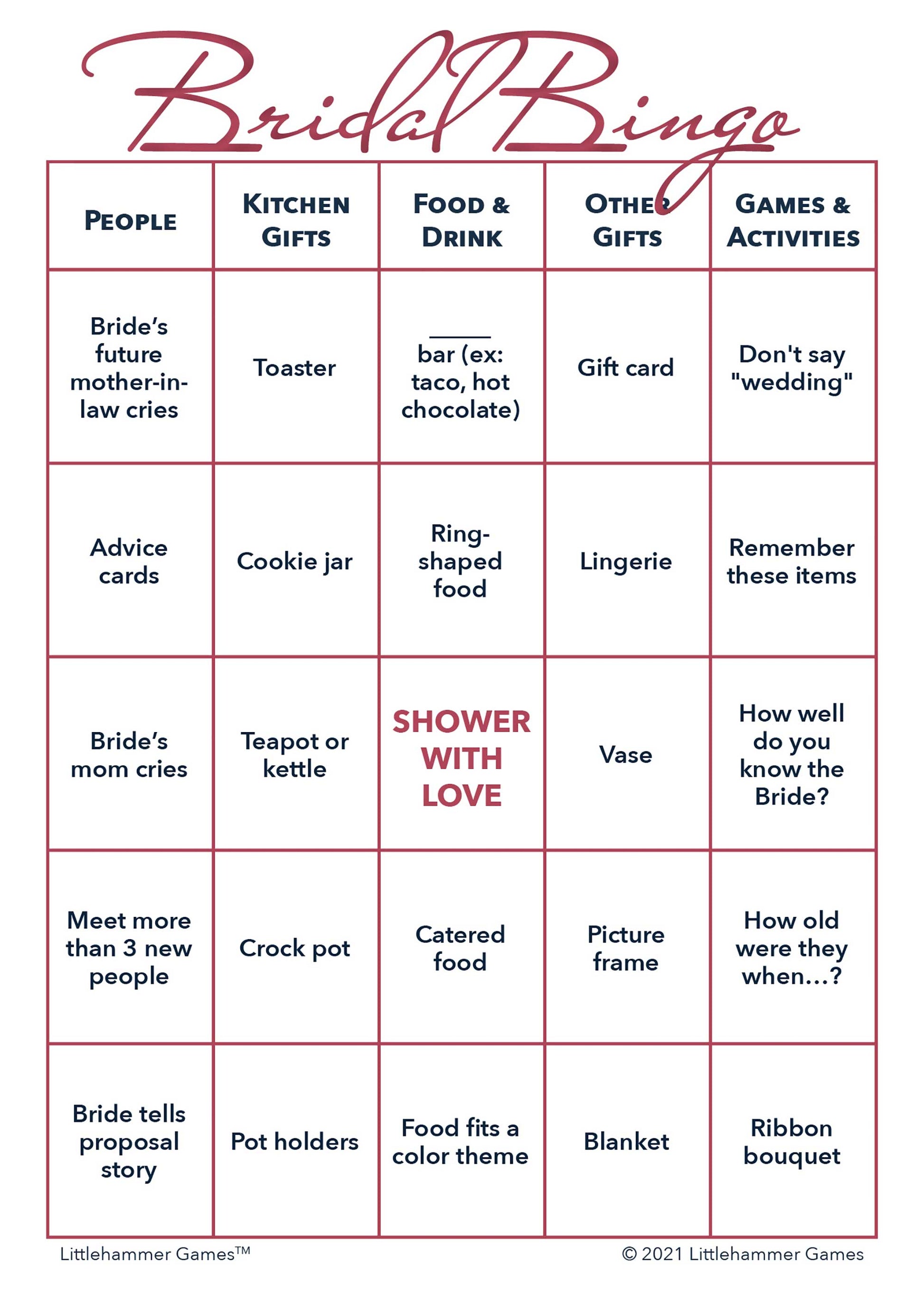 Bridal Bingo game card with rose gold text on a white background