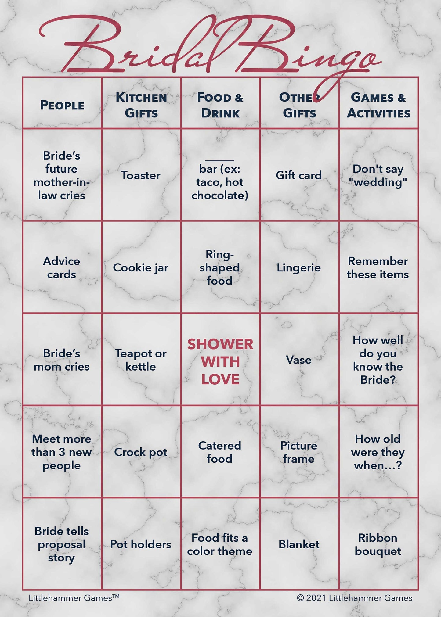 Bridal Bingo game card with rose gold text on a marble background