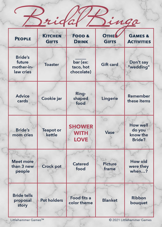 Bridal Bingo game card with rose gold text on a marble background
