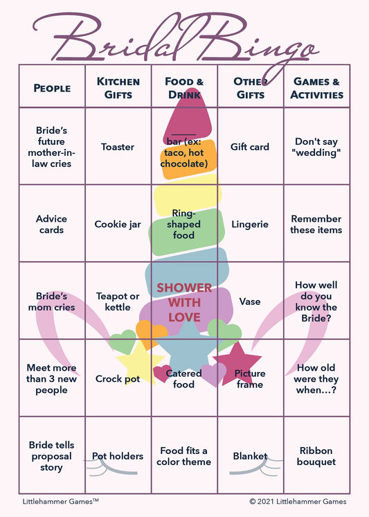 Bridal Bingo game card with a unicorn background