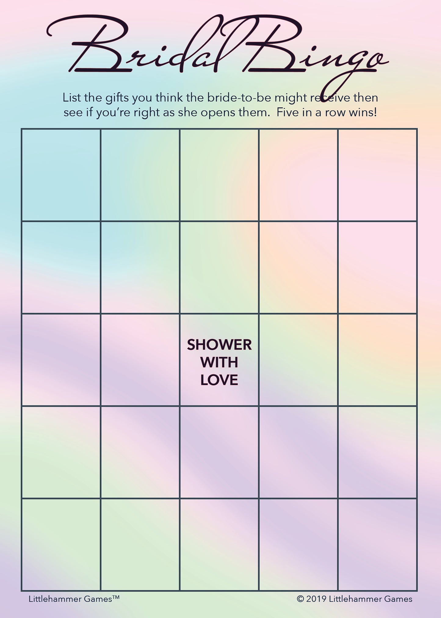 Holographic-themed Bridal Gift Bingo game card