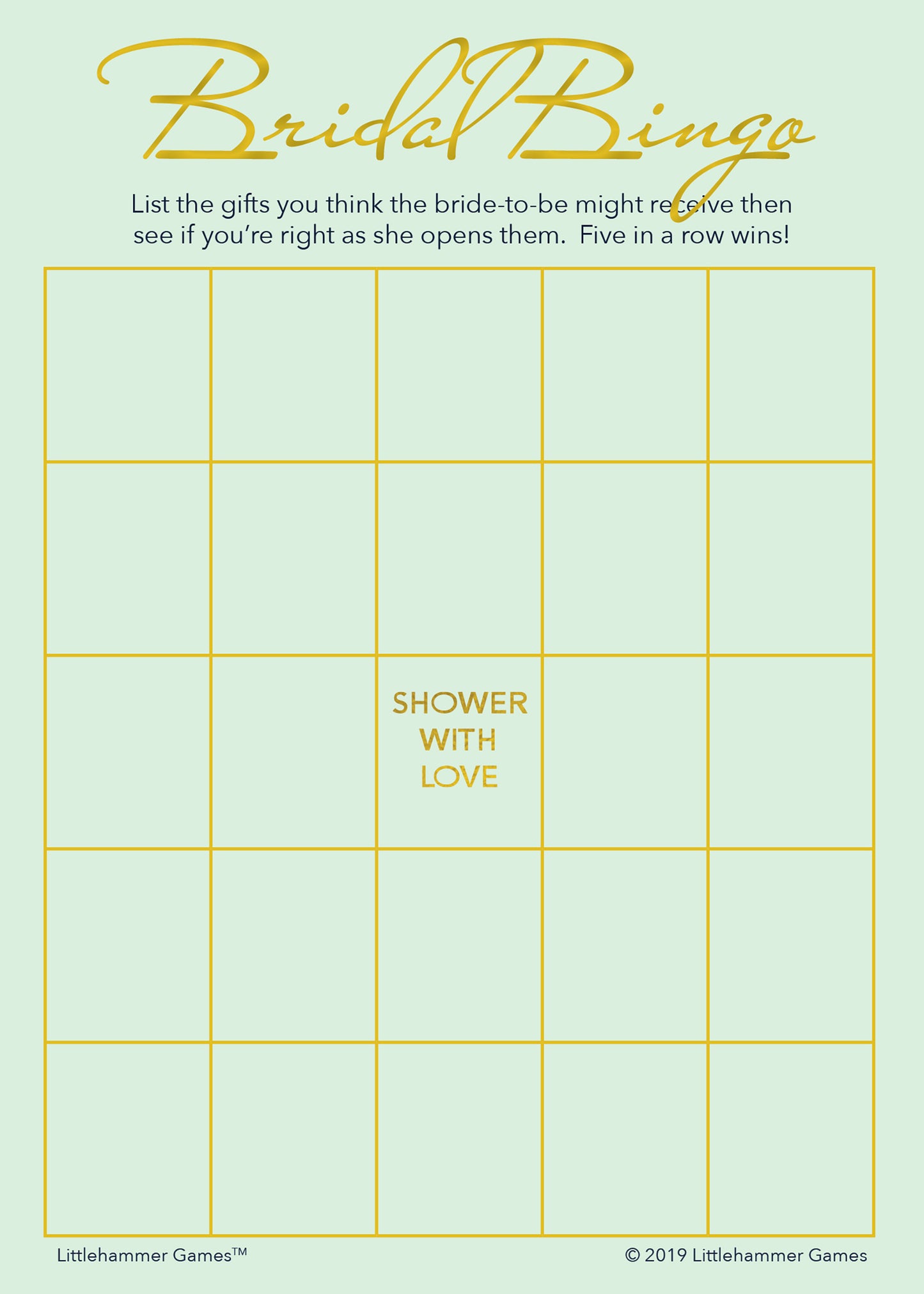 Mint and gold Bridal Gift Bingo game card