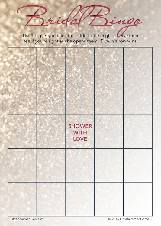 Glittery rose gold Bridal Gift Bingo game card