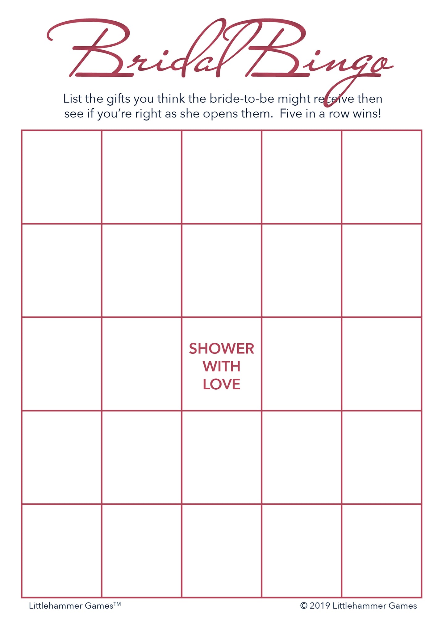 Rose gold and white Bridal Gift Bingo game card