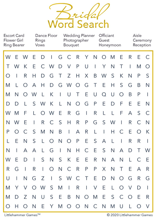 Bridal Word Search game card with a gold and white background