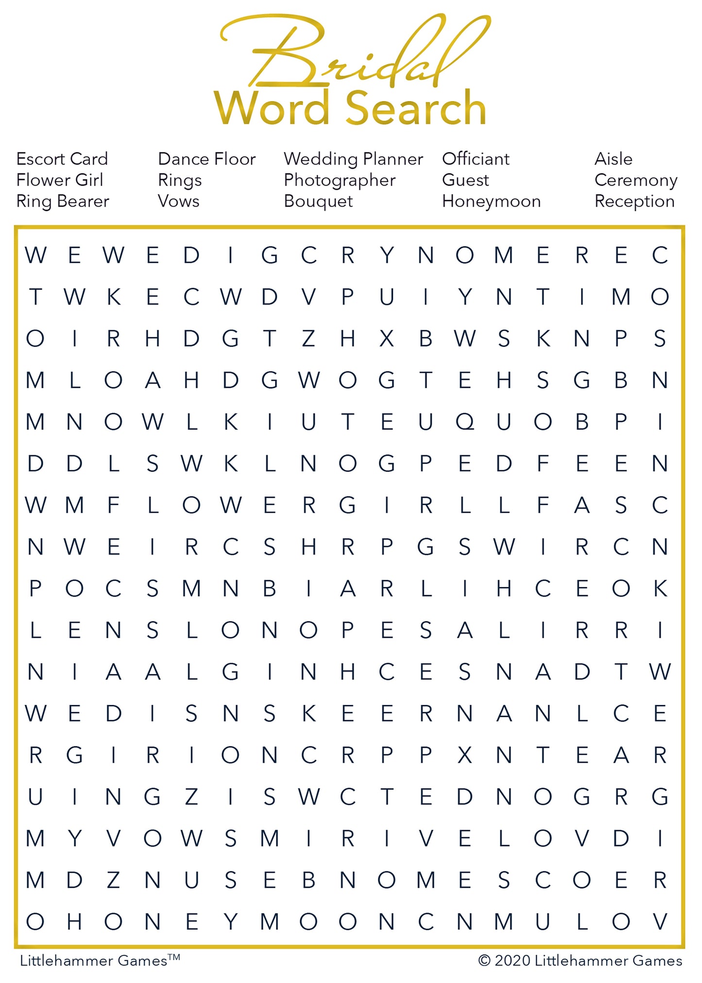 Bridal Word Search game card with a gold and white background