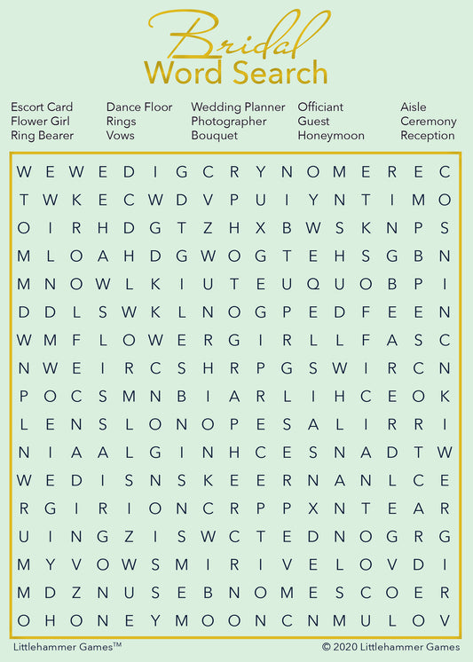 Bridal Word Search game card with a mint and gold background