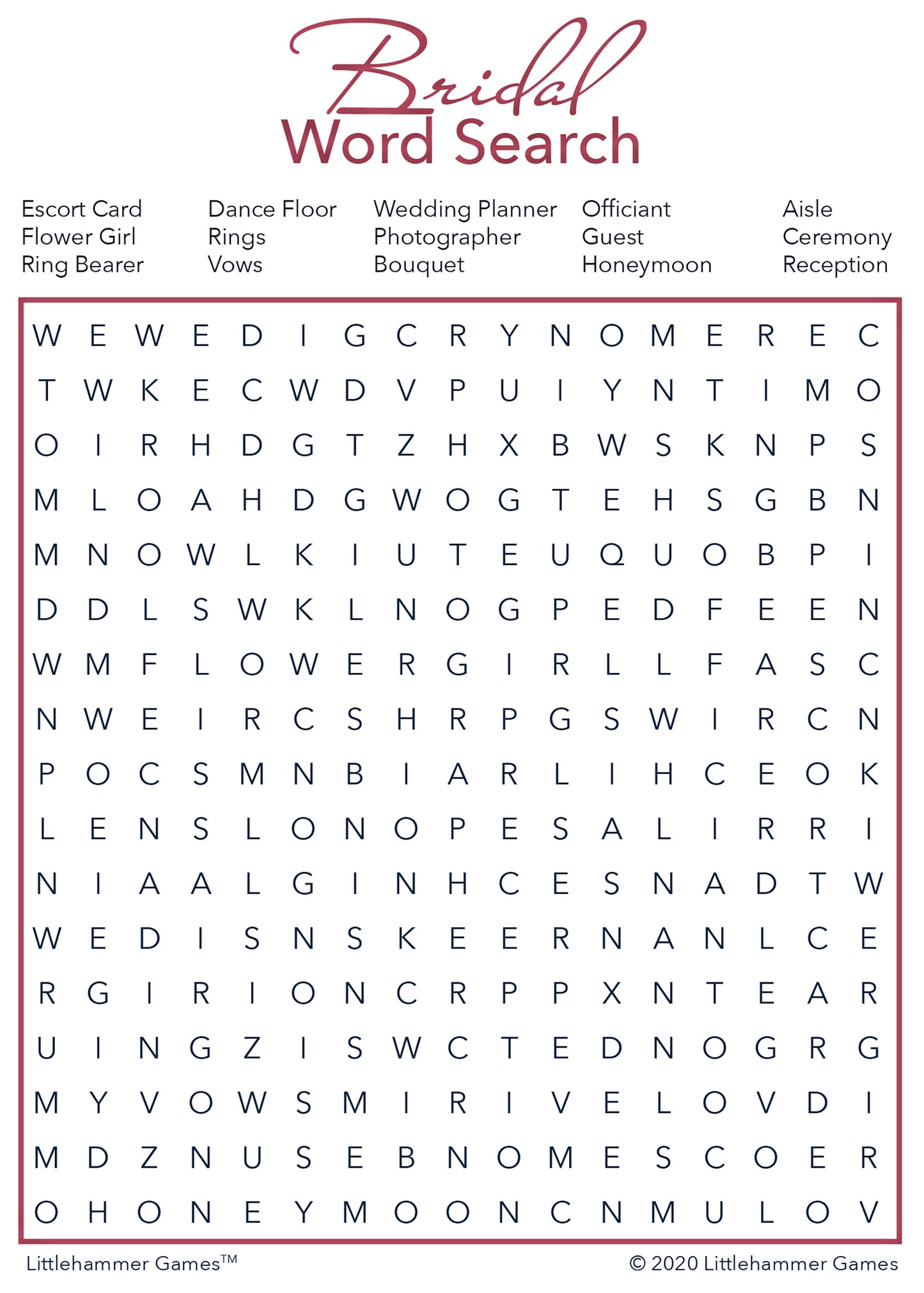 Bridal Word Search game card with a rose gold and white background