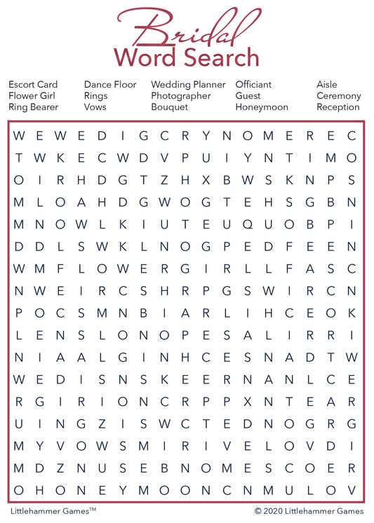 Bridal Word Search game card with a rose gold and white background