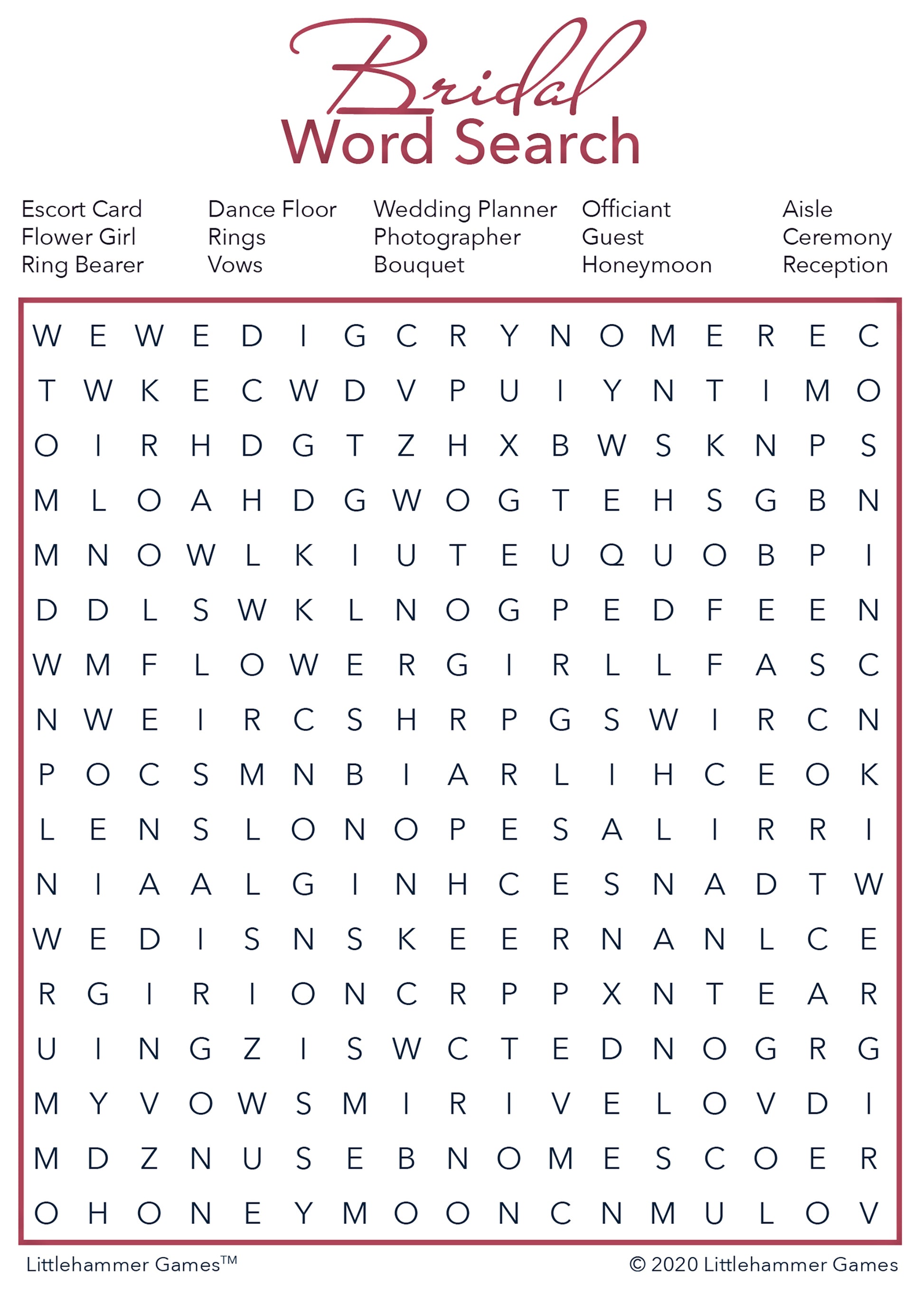 Bridal Word Search game card with a rose gold and white background