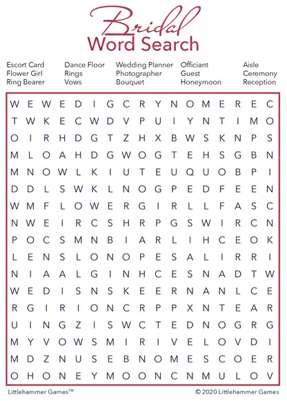 Bridal Word Search game card with a rose gold and white background