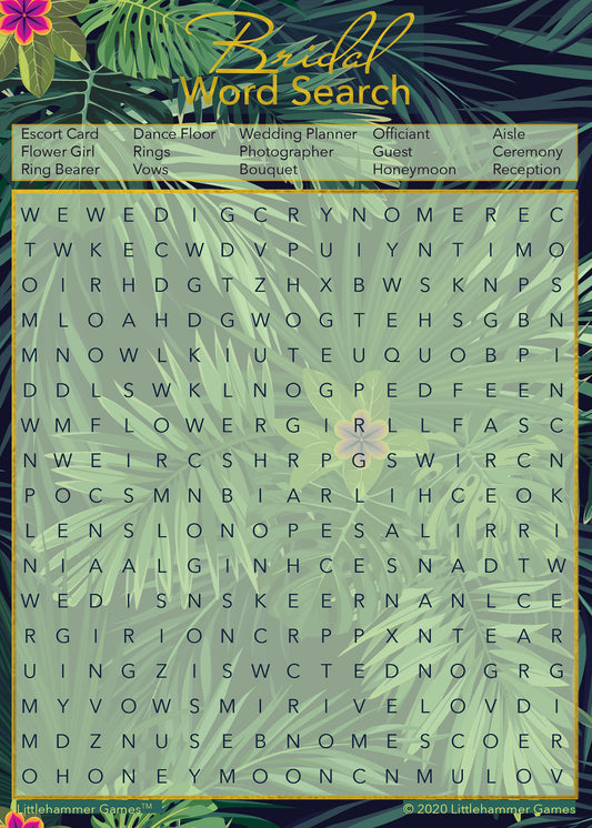 Bridal Word Search game card with a tropical leaves background