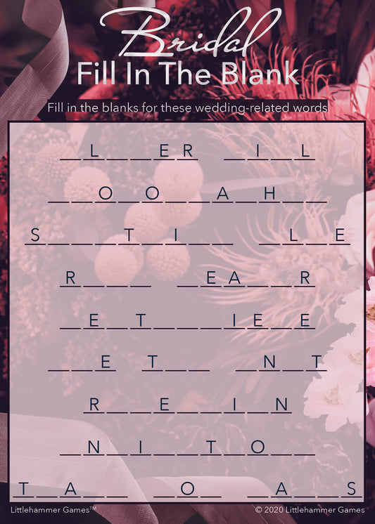 Bridal Fill in the Blank game card with a dark floral background