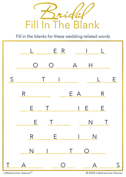 Bridal Fill in the Blank game card with a gold and white background
