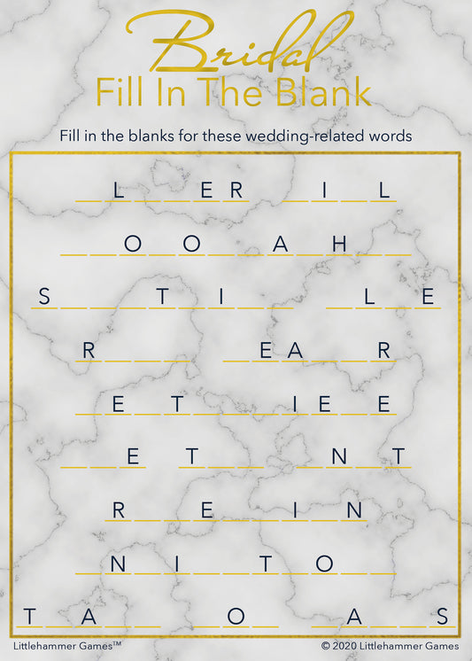 Bridal Fill in the Blank game card with a gold and marble background