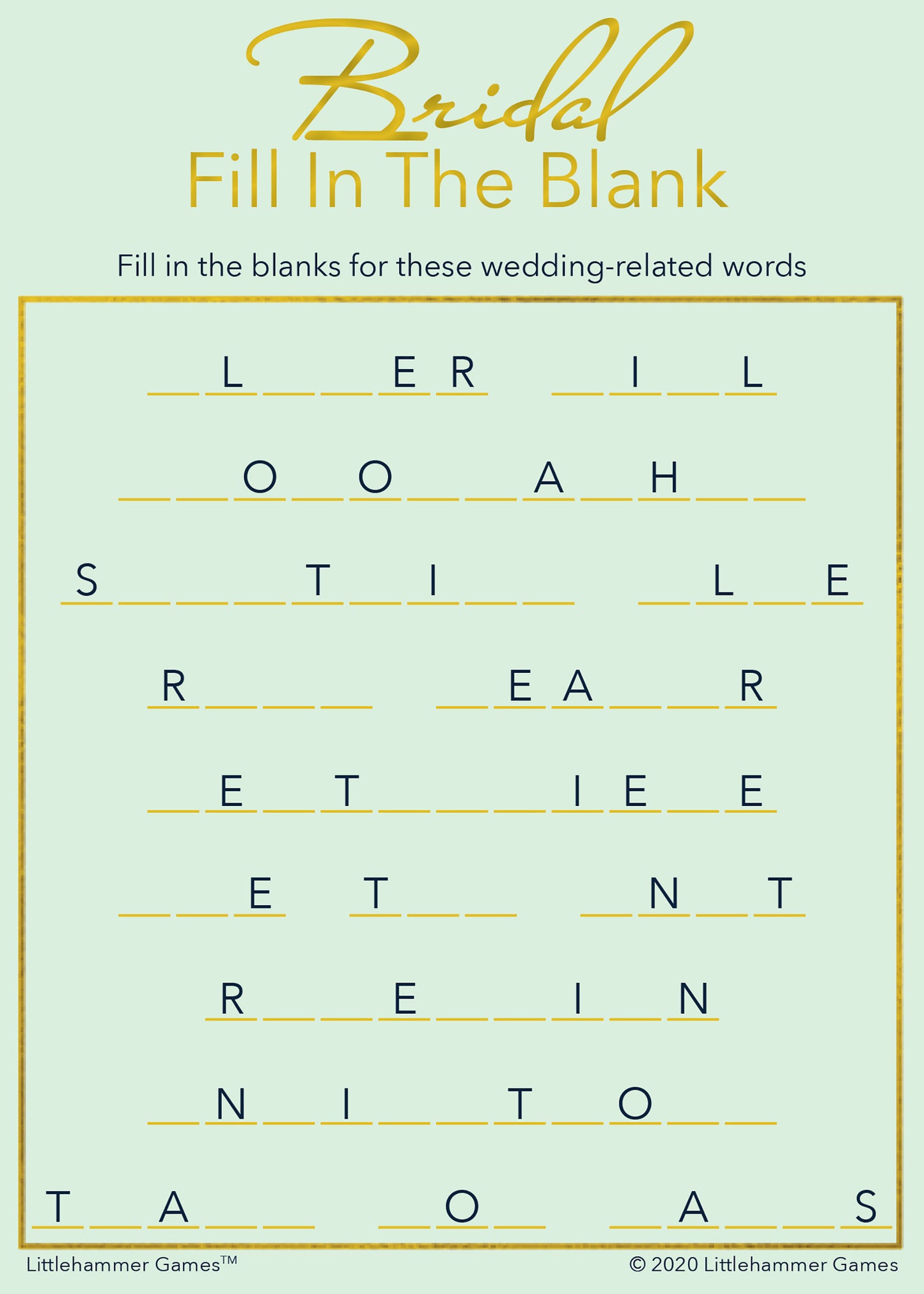 Bridal Fill in the Blank game card with a mint and gold background