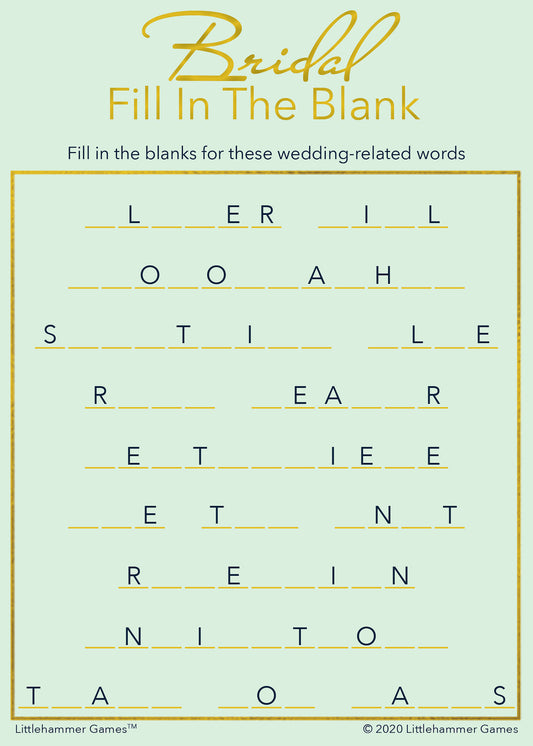 Bridal Fill in the Blank game card with a mint and gold background