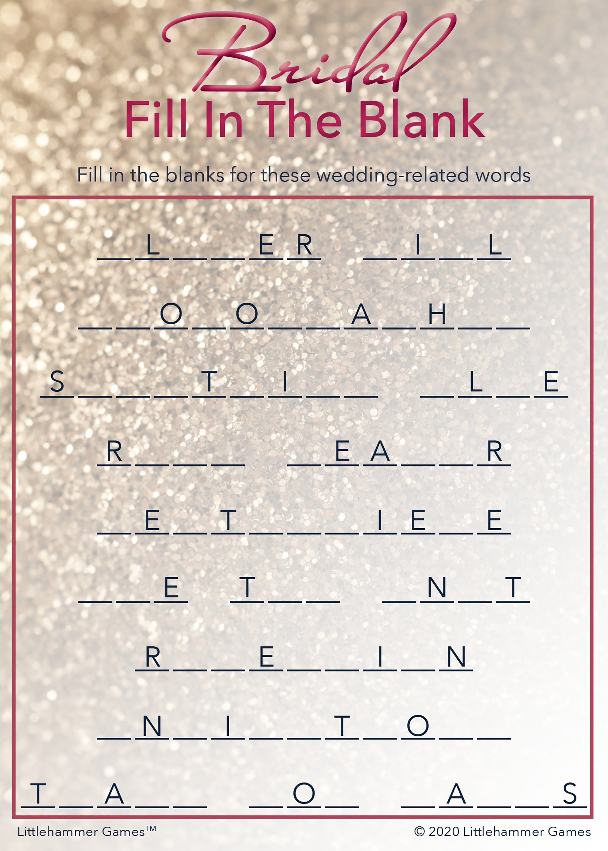 Bridal Fill in the Blank game card with a glittery rose gold background