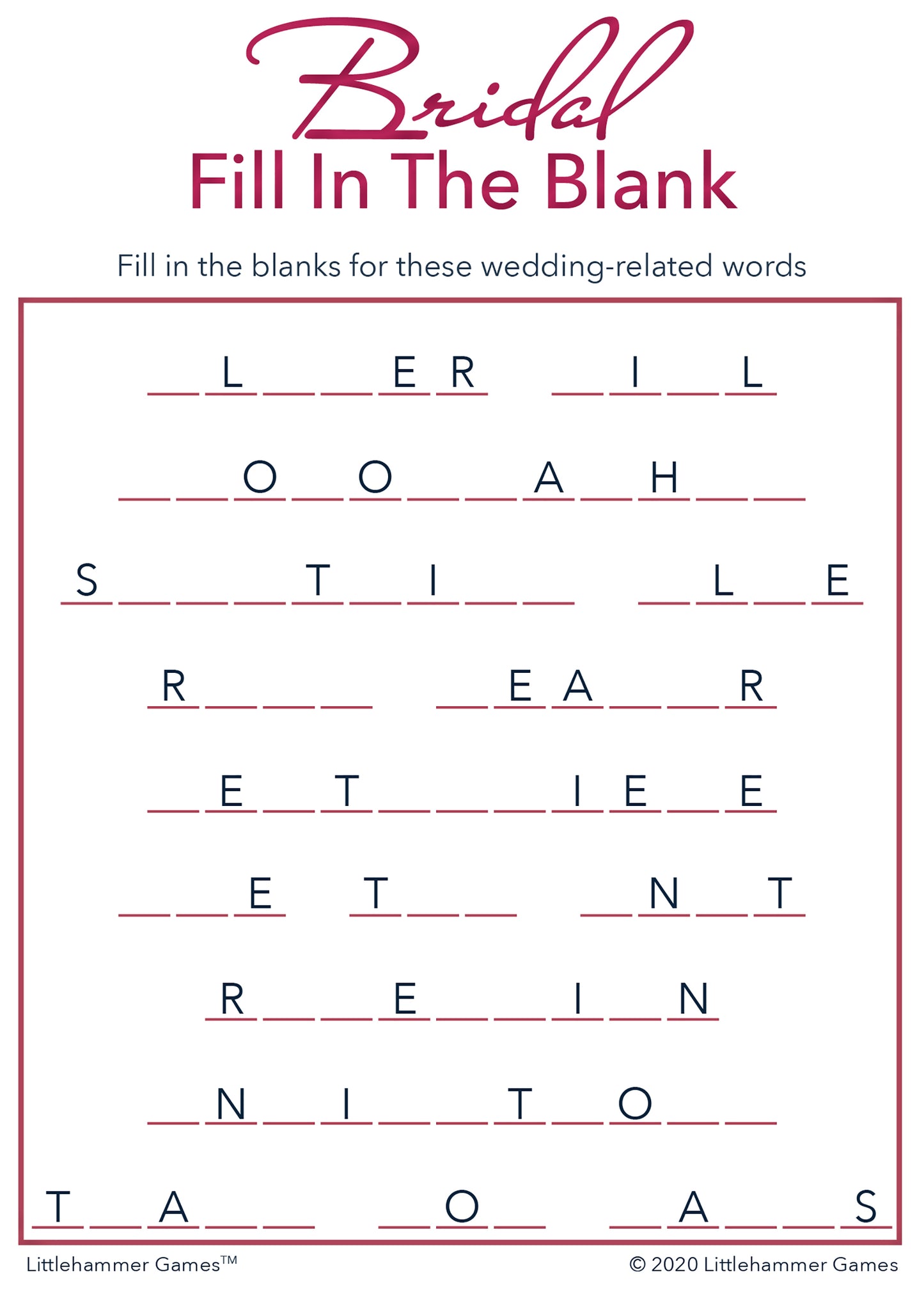 Bridal Fill in the Blank game card with a rose gold and white background