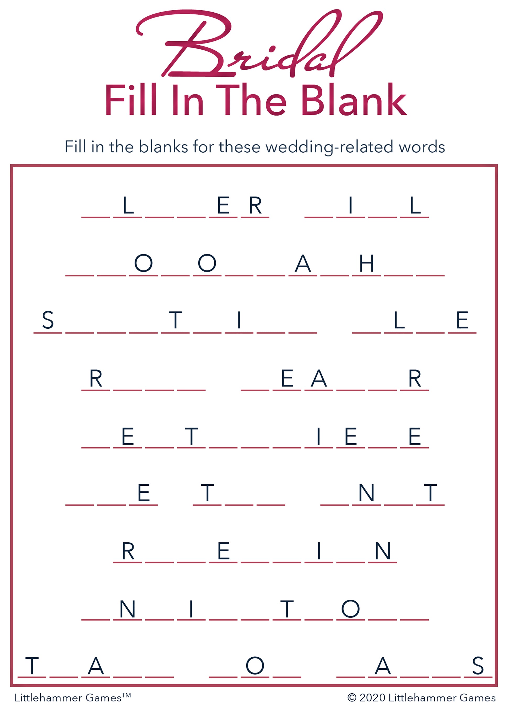 Bridal Fill in the Blank game card with a rose gold and white background