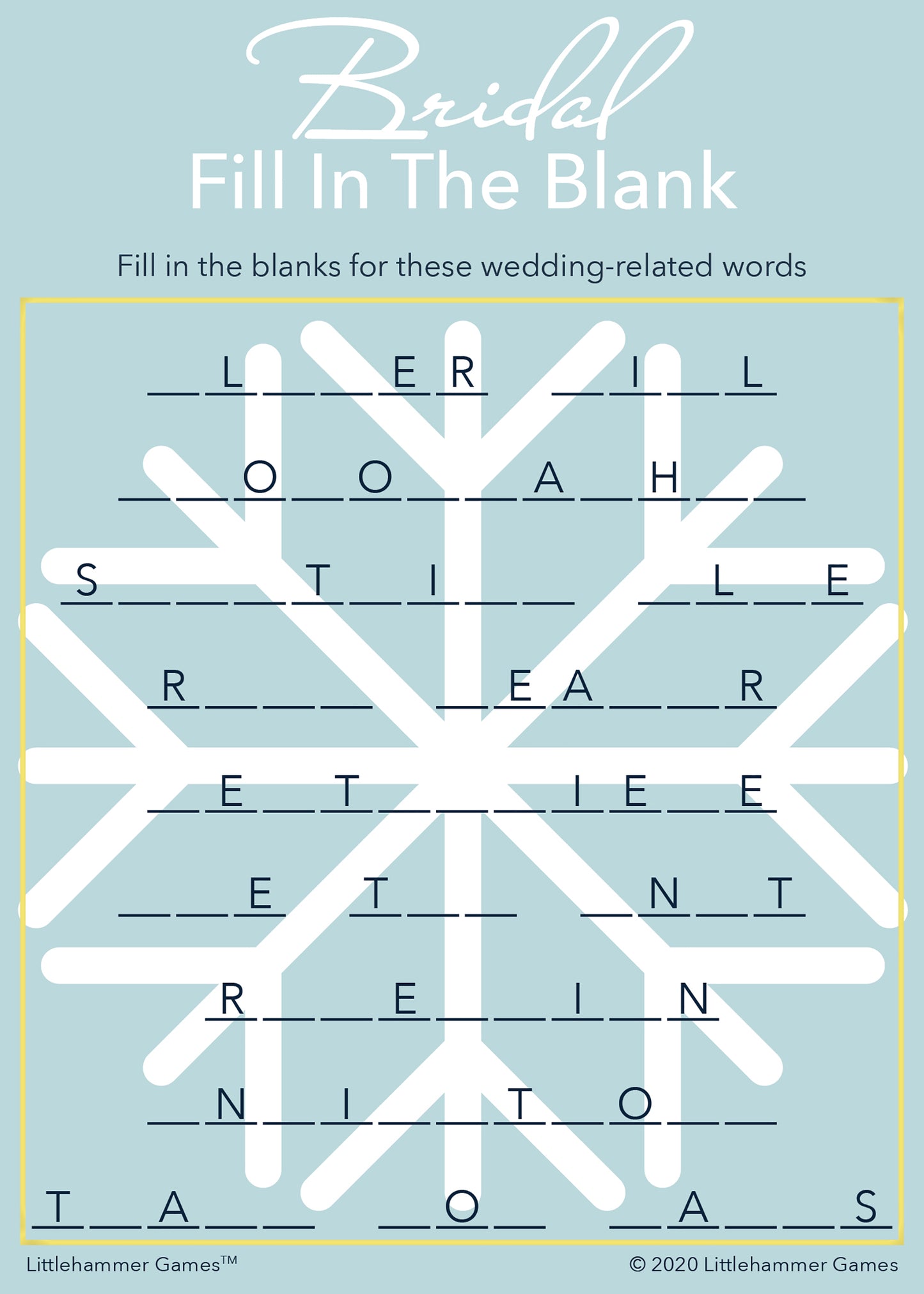Bridal Fill in the Blank game card with a snowflake background