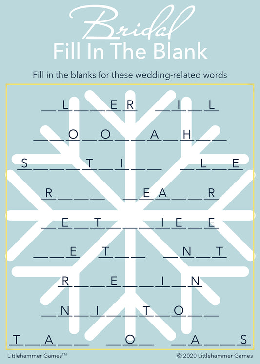 Bridal Fill in the Blank game card with a snowflake background