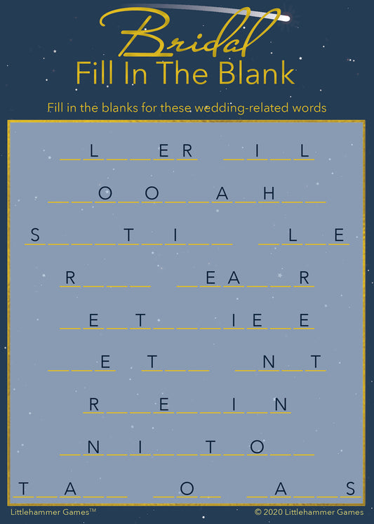 Bridal Fill in the Blank game card with a celestial background