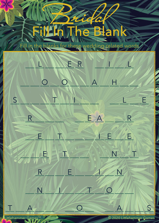 Bridal Fill in the Blank game card with a tropical background