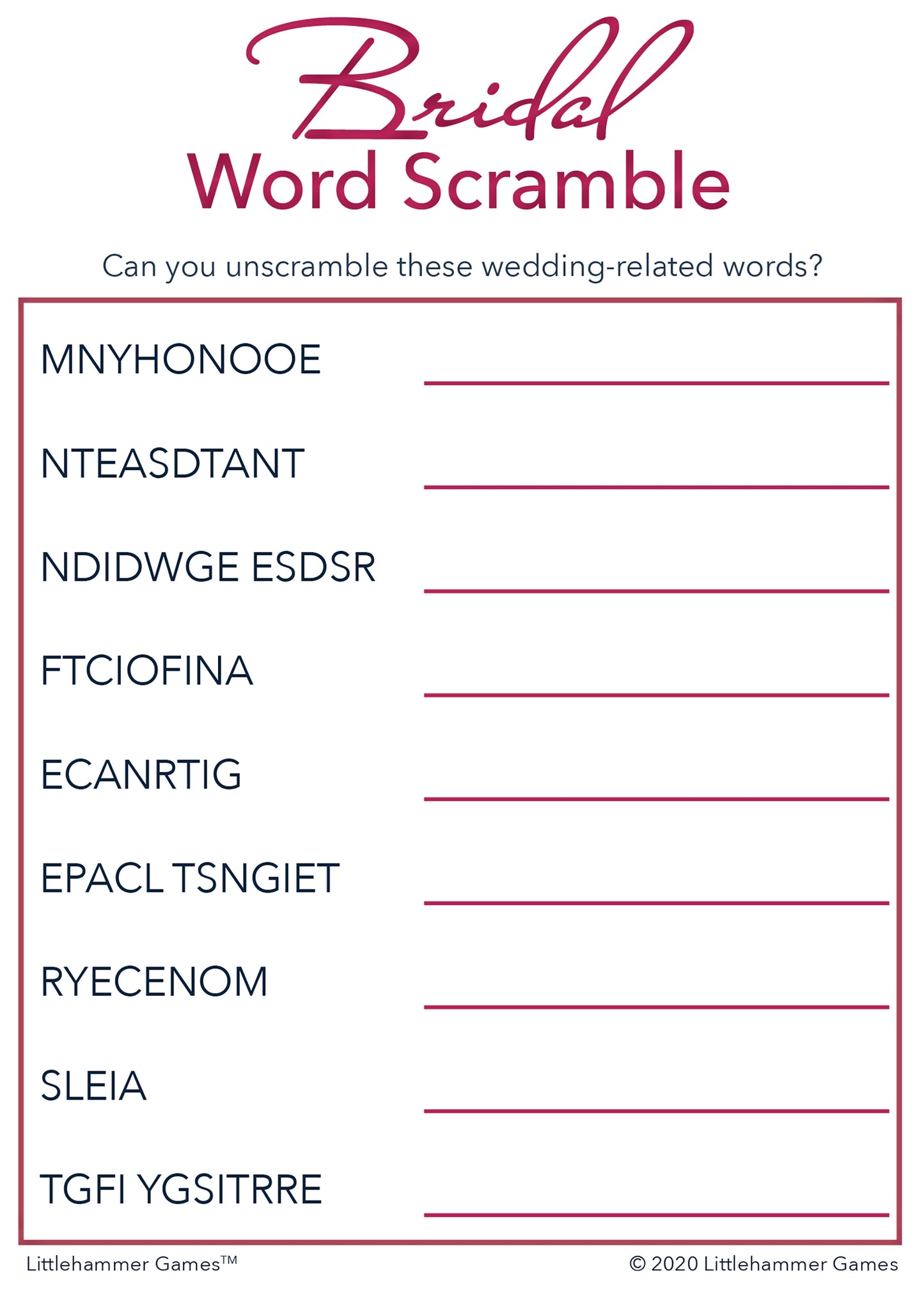Bridal Word Scramble game card with a rose gold and white background