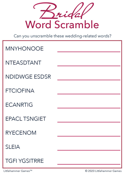 Bridal Word Scramble game card with a rose gold and white background