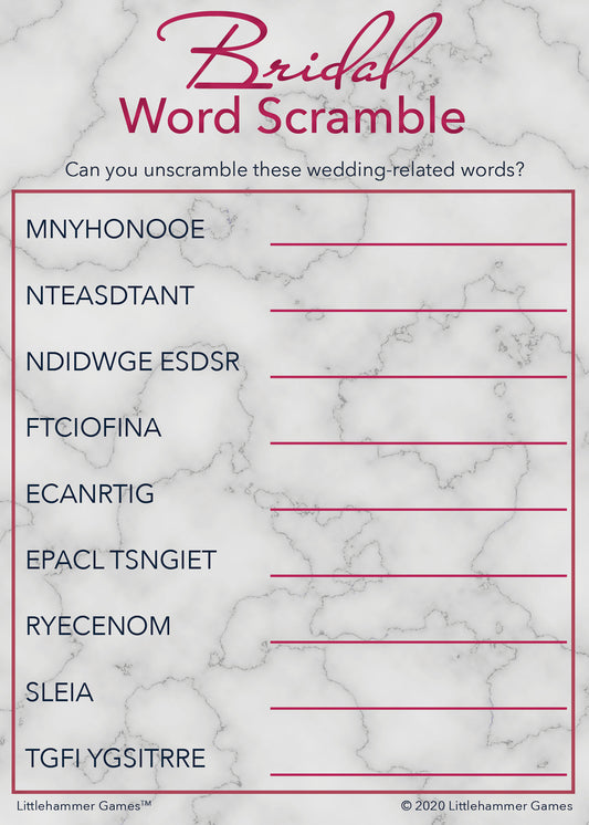 Bridal Word Scramble game card with a rose gold and marble background